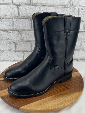 Justin Basics Roper Mens 10 D Black Faux Leather Pull On Western Cowboy Boots